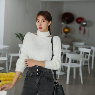 Mockneck Cutout-shoulder Fluffy Sweater