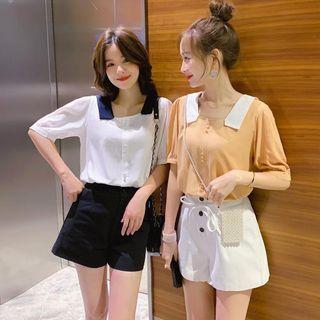 Set: Short-sleeve Square-neck Blouse + Shorts