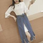 Set: Plain 3/4 Sleeve T-shirt Dress + Denim Midi Skirt