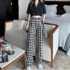 Short-sleeve Cropped Shirt / Plaid Wide Leg Pants