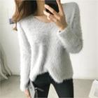 V-neck Wool Blend Fluffy Sweater