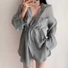 Long-sleeve Tie-waist Plain Chiffon Shirt + Plain Shorts