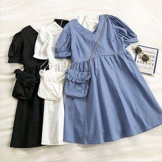 Plain V-neck Frilled Short-sleeve Dress With Bag