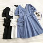 Plain V-neck Frilled Short-sleeve Dress With Bag