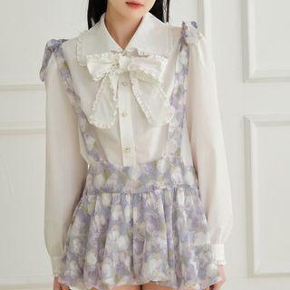 Long-sleeve Bow Frill Trim Blouse White - One Size