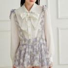 Long-sleeve Bow Frill Trim Blouse White - One Size