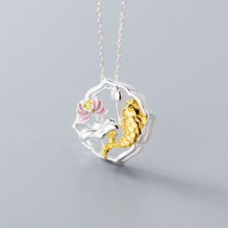925 Sterling Silver Fish & Lotus Pendant Necklace Silver - One Size