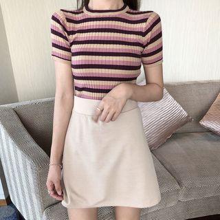 Short-sleeve Striped Knit Top/ Mini A-line Skirt