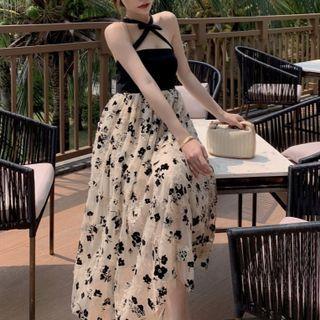 Halter Neck Floral Mesh Midi A-line Dress