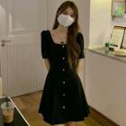 Short-sleeve Square Neck Pleated Mini A-line Dress