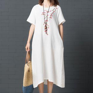 Flower Embroidered Short-sleeve Midi Dress