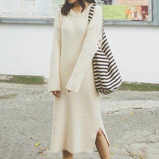 Round-neck Slit-hem Knit Dress Off-white - One Size