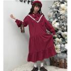 Lace-trim Tie-neck Midi Shirt Dress