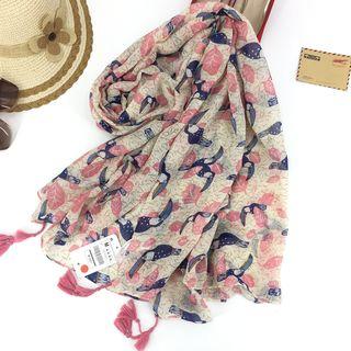 Tasseled Bird Print Light Scarf