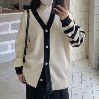 Long-sleeve V-neck Striped Panel Knit Cardigan