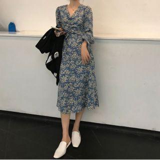 Floral Print V-neck Long-sleeve Dress Blue - One Size