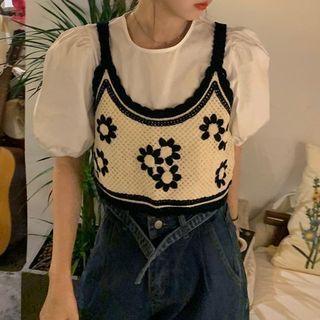 Jacquard Cropped Knit Camisole Top / Puff-sleeve Plain Top