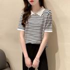 Collared Short-sleeve Striped Knit Top