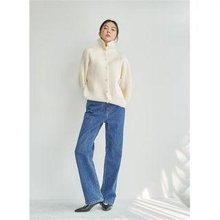 High-neck Rib-knit Cardigan Ivory - One Size