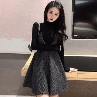 Set: Long-sleeve Knit Top + Striped Mini Pinafore Dress