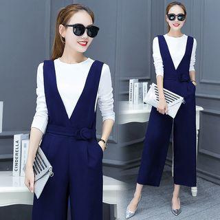 Set: Long-sleeve Knit Top + Wide-leg Jumper Pants