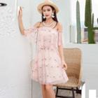 Embroidered Cold-shoulder A-line Chiffon Dress