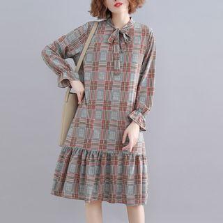 Bow Accent Plaid Long-sleeve A-line Dress Khaki - One Size