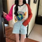 Long-sleeve Earth Print Raglan T-shirt Rose Pink & Dark Orange & White - One Size