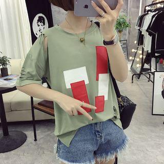 Perforated Elbow-sleeve Applique T-shirt