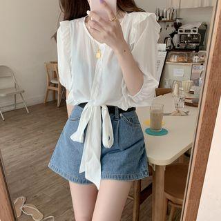 3/4-sleeve Ruffled Ribbon Cropped Blouse