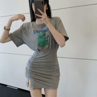 Elbow-sleeve Cartoon Print Mini Sheath T-shirt Dress