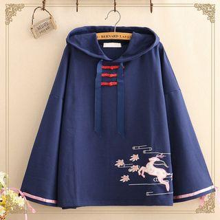 Deer Embroidered Frog-button Detail Hoodie