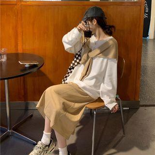 Set: Mock Two-piece Sweatshirt + Midi Skirt
