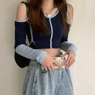 Long-sleeve Cold-shoulder Two-tone T-shirt Navy Blue - One Size