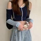 Long-sleeve Cold-shoulder Two-tone T-shirt Navy Blue - One Size