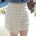 Faux-pearl Buttoned Check Wrap Miniskirt