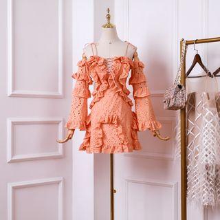 Long-sleeve Cold Shoulder Ruffled Mini Dress
