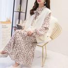 Set: Floral Long-sleeve Midi A-line Dress + V-neck Knit Vest