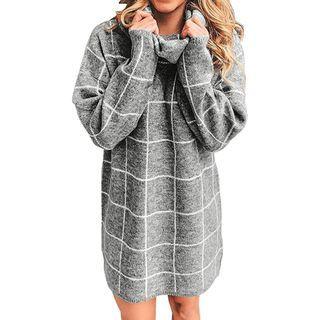 Cowl-neck Check Mini Sweater Dress