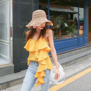 Spaghetti-strap Ruffle-trim Linen Top
