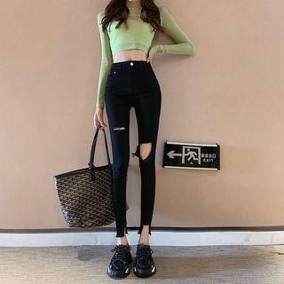 Distressed High-waist Cropped Skinny Jeans