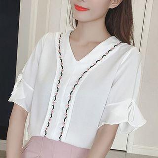 Embroidered V-neck Elbow-sleeve Chiffon Top