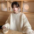 Round-neck Plain Fleece-lined Sweater White - One Size