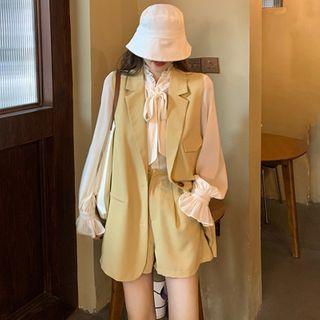 Bell-sleeve Tie Neck Plain Blouse / Single Breasted Vest / High-waist Dress Shorts