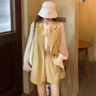 Bell-sleeve Tie Neck Plain Blouse / Single Breasted Vest / High-waist Dress Shorts