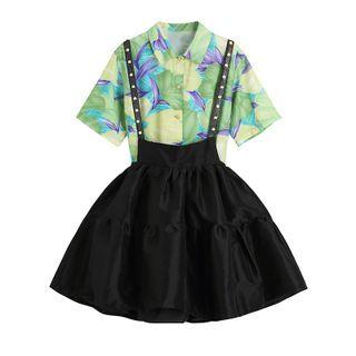 Short-sleeve Print Shirt / Suspender Mini Skirt