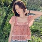 Short-sleeve Ruffle Neck Floral Flowy Blouse Floral - Pink - One Size