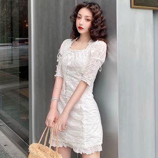 Elbow-sleeve Eyelet Lace Mini Dress