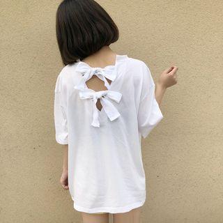 Elbow-sleeve Bow-back Plain T-shirt