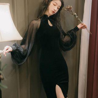 Puff-sleeve Velvet Qipao Dress